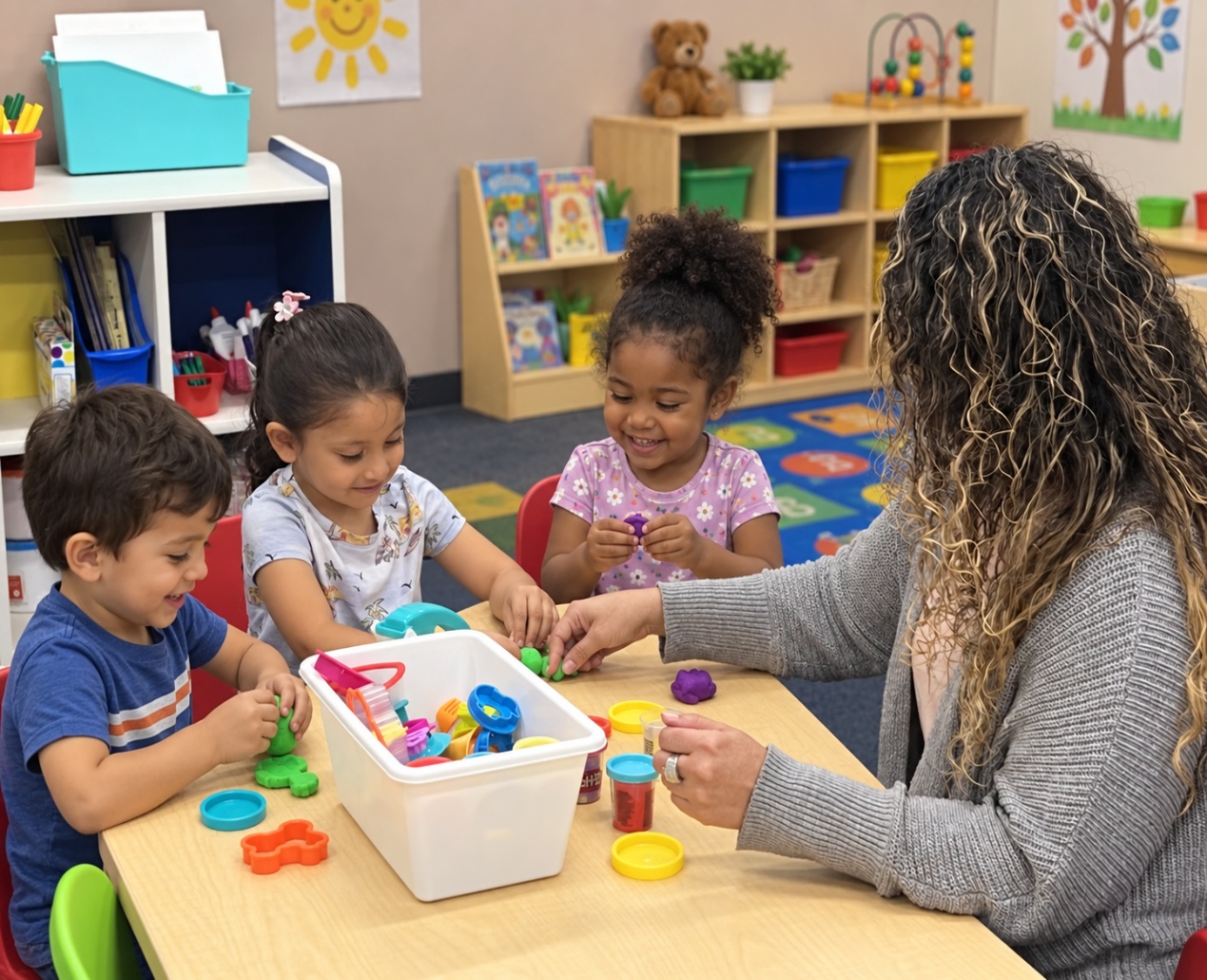 Teacher and children creating with play dough