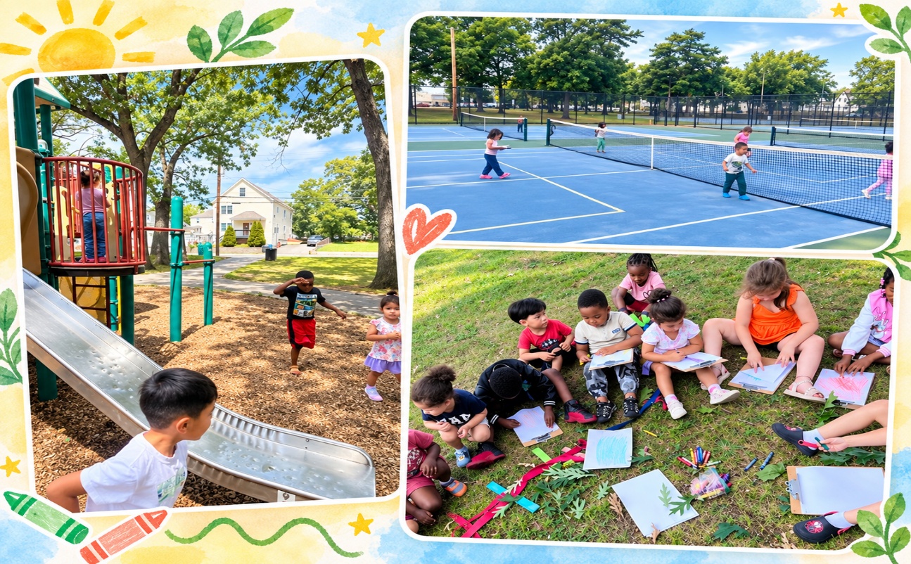 Children playing outside and drawing in the park