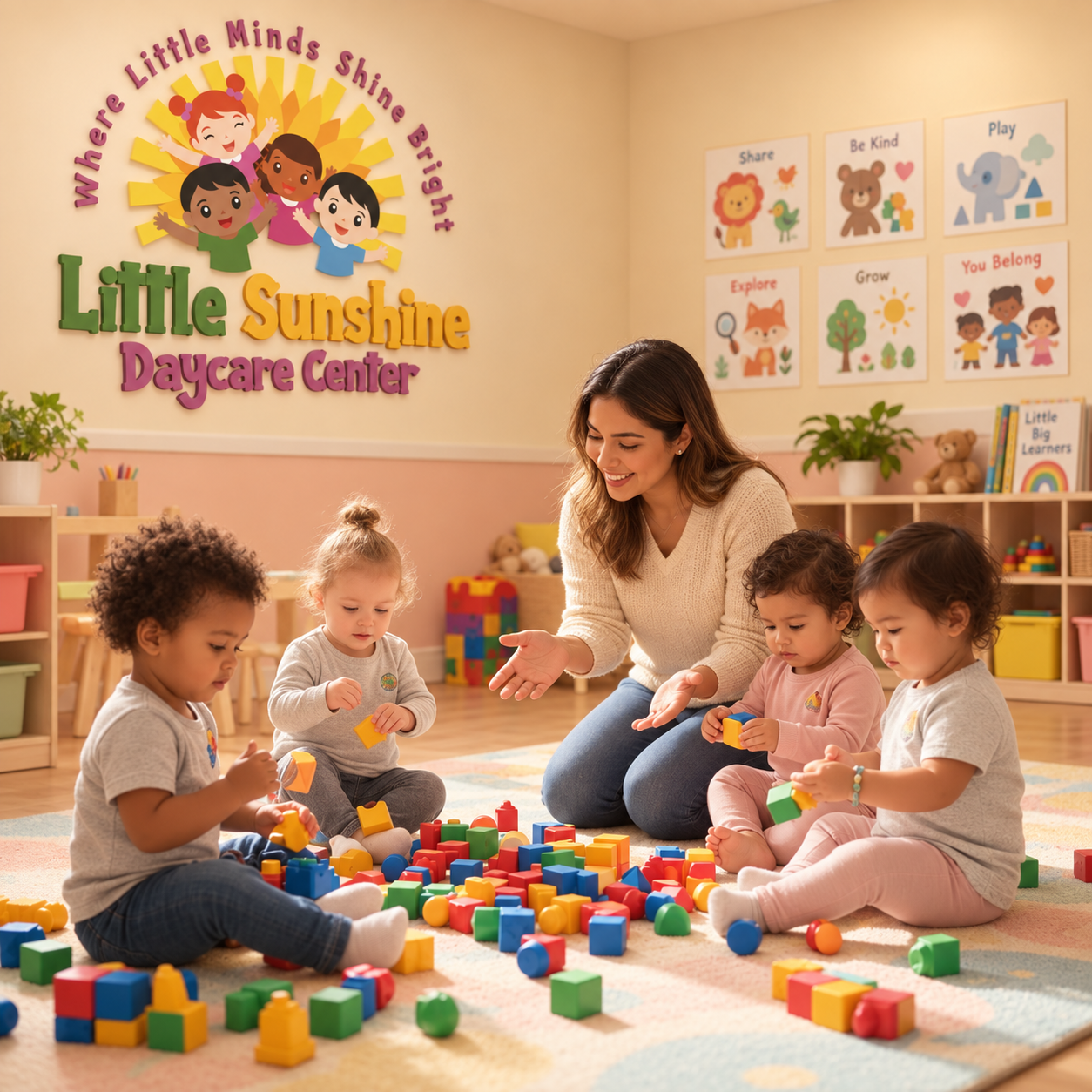Teacher and infants playing with blocks at Little Sunshine Daycare Center