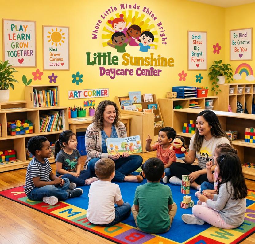 Teachers reading with children at Little Sunshine Daycare Center