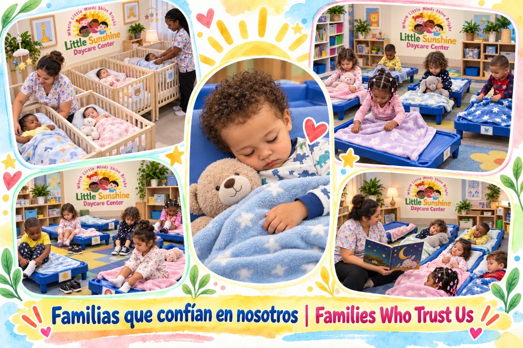 Familias que confían en nosotros — Families Who Trust Us. Collage of children and caregivers at Little Sunshine Daycare Center.