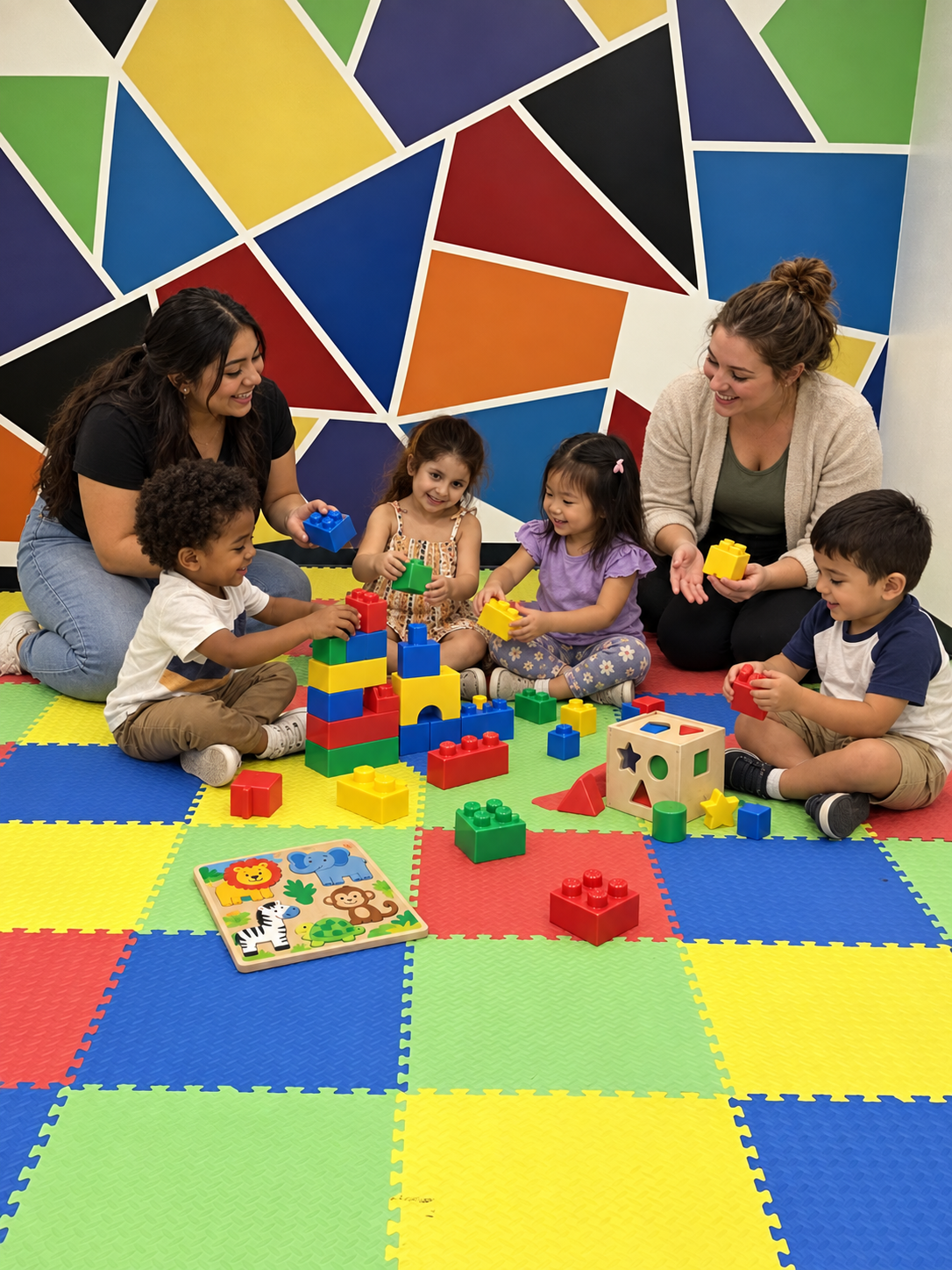 Teachers and children building together at Little Sunshine Daycare Center