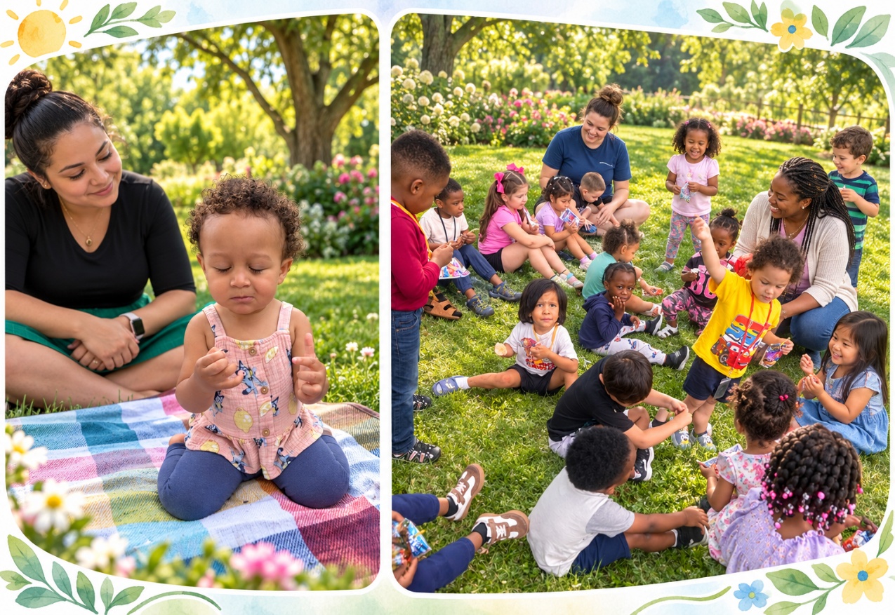 Children and teachers gathered on the grass for circle time